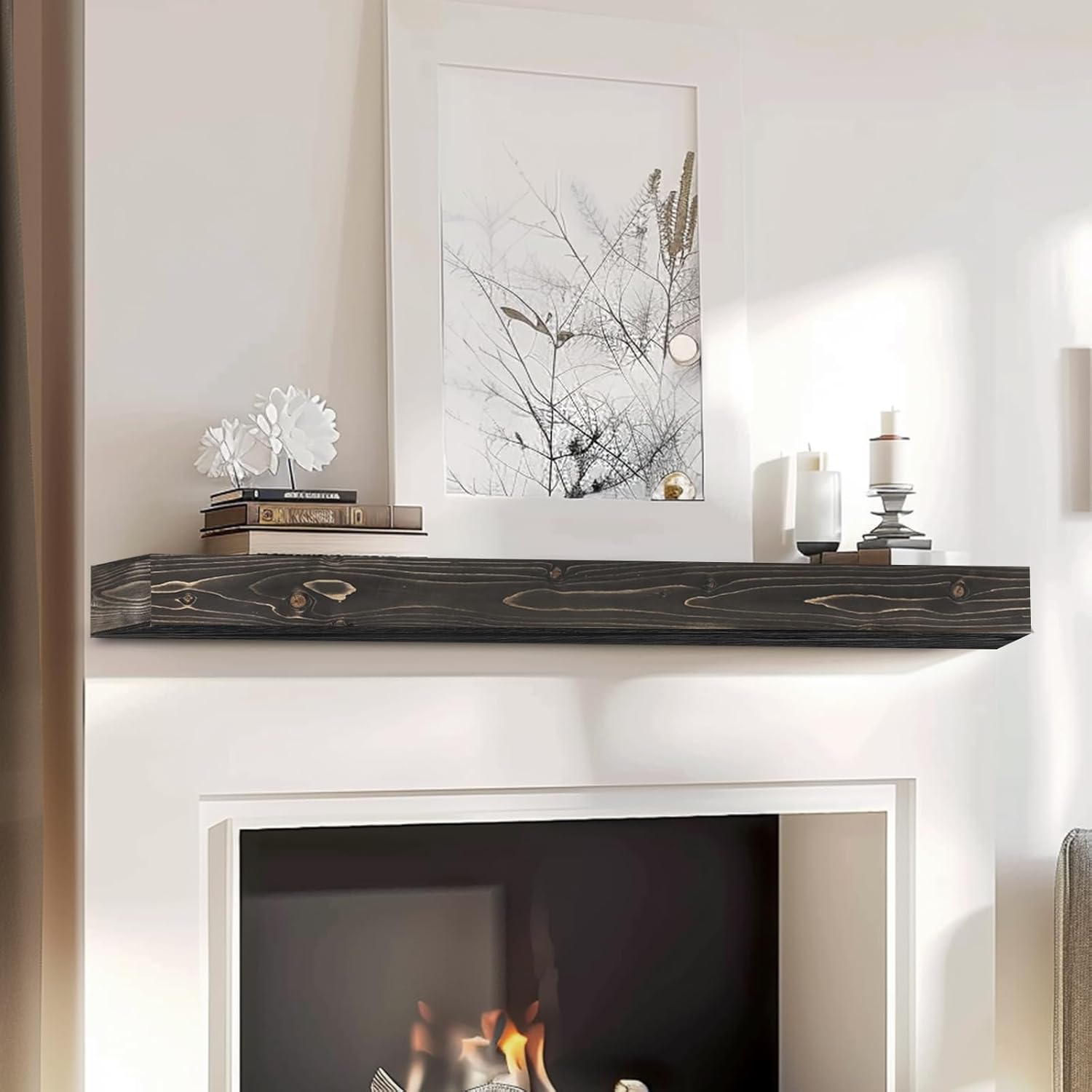 56x8x3 Fireplace Mantel - Handcrafted Hollow Rustic Solid Wood Wall Mounted Floating Shelf with