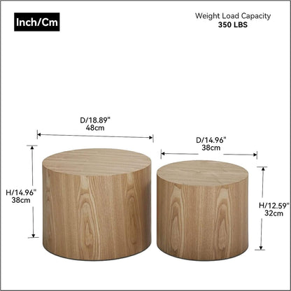 Nesting Coffee Table Set of 2, Modern Round Coffee Table with Non-Slip Feet, Oak Wooden Circle