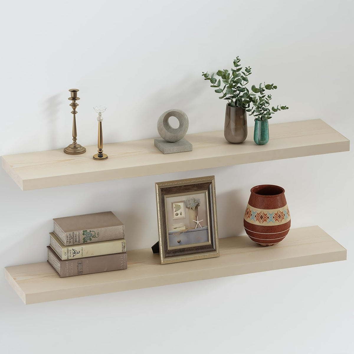 SAUMONIERES Floating Shelves 8 Inch Deep Solid Wood Wide Wall Shelf Set of 2 Wall Mounted for