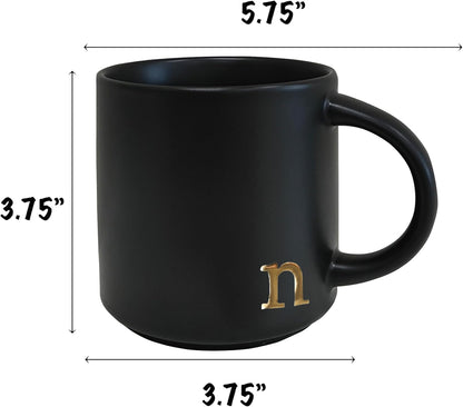 COLLECTIVE HOME - Black Monogram Ceramic Mugs, 15 oz Golden Initial Coffee Cups, Elegant Alphabet