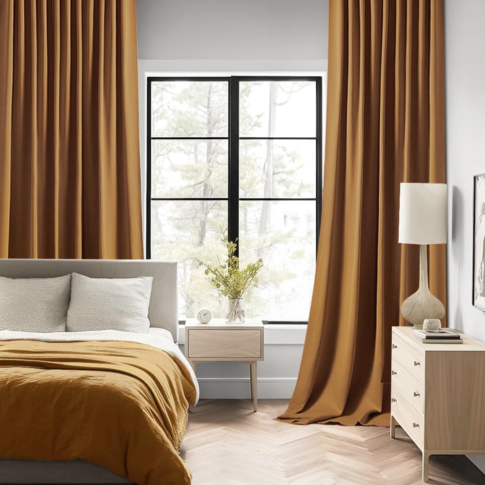 MIULEE Golden Brown Back Tab Blackout Curtain 96 Inch Long 2 Panels Set for Bedroom, Rod
