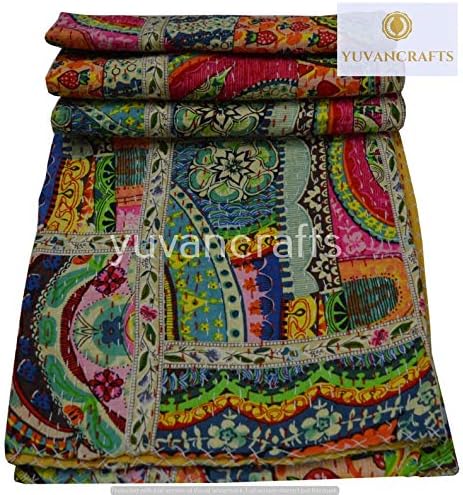 YUVANCRAFTS Patchwork Cotton Kantha Quilt - Indian Traditional Handmade Bedding Vintage Multi Color