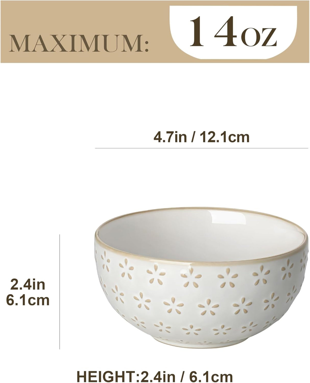 MALACASA Small Bowls, 14 Ounce Ice Cream Bowl, Stoneware Dessert Bowls Set of 4 with Embossment for