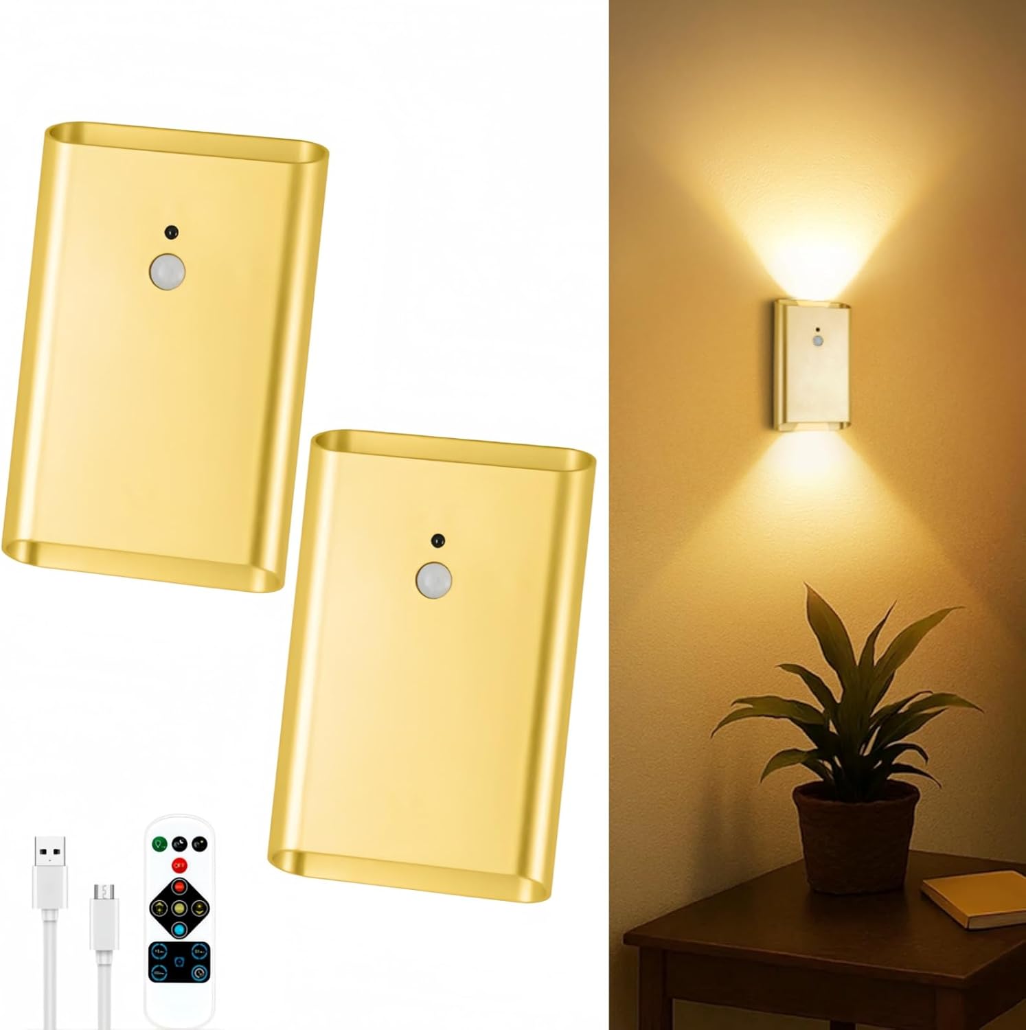 Battery Operated Wall Sconce Set of 2: 5000mAh Rechargeable Motion Sensor Night Light Indoor, 3CCT