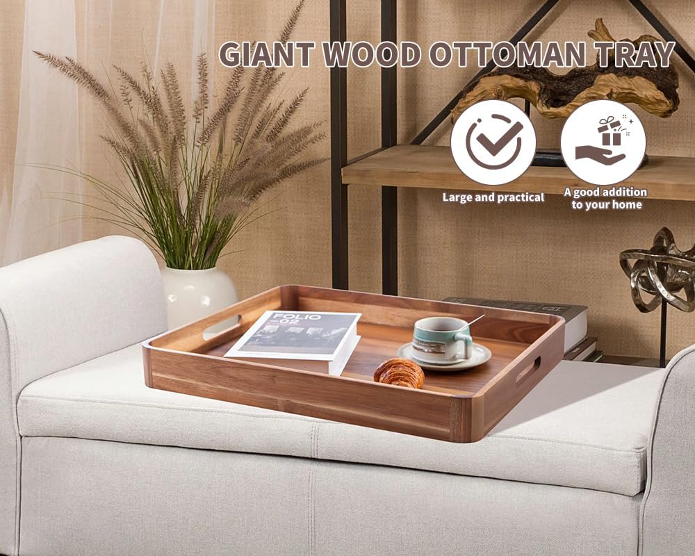 Large Wooden Ottoman Tray, Great 22"x18" Rectangle Trays for Big Ottoman Counter, Huge Kitchen Wood