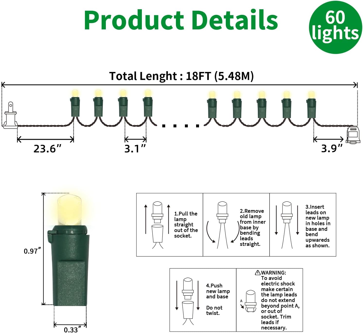 60 LED Warm White String Light - LED Christmas Lights, Mini led Lights for Indoor Outdoor Home