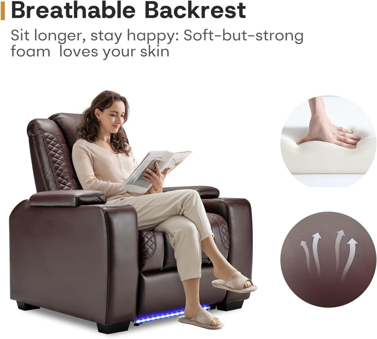 ANJ Power Home Theater Seating Set of 3, Brown Faux Leather Electric Recliner Chair with Powered
