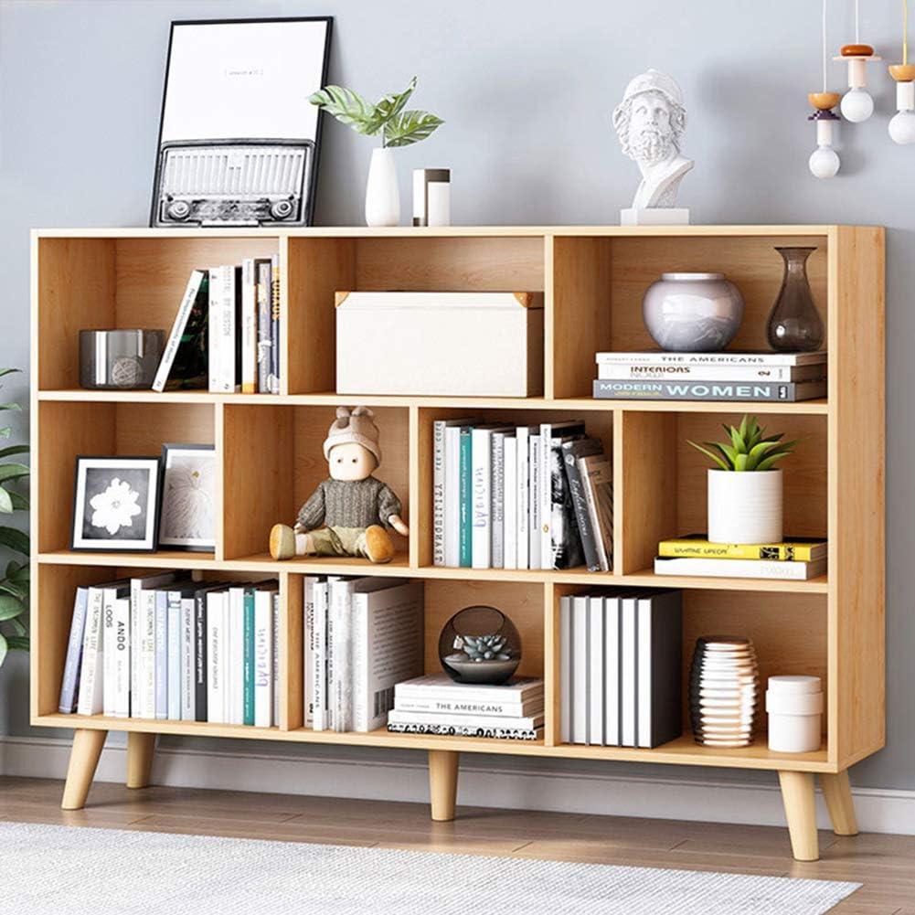 IOTXY Wooden Open Shelf Bookcase - 3-Tier Floor Standing Display Cabinet Rack with Legs, 10 Cubes