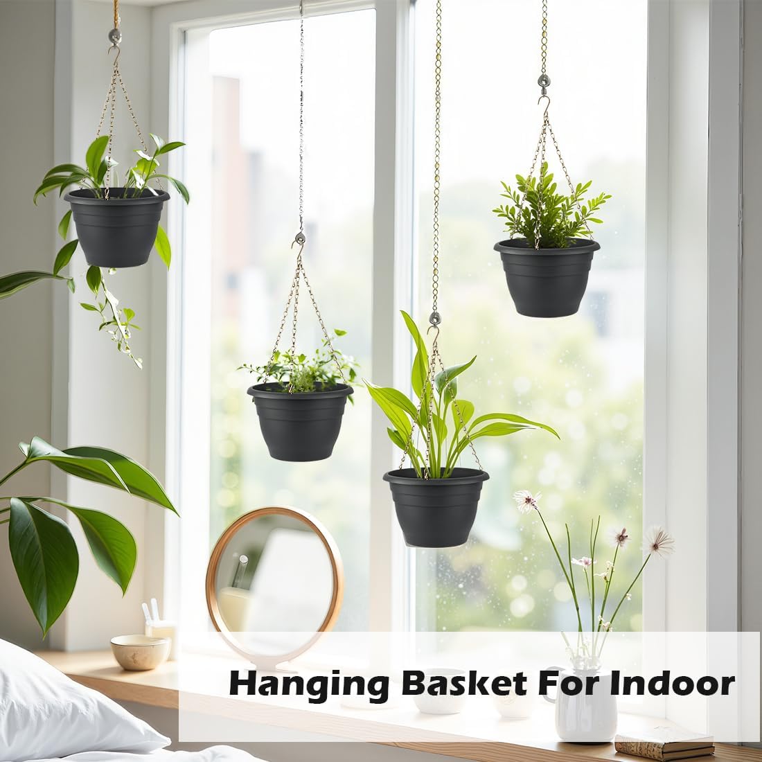 Hanging Planters 10 Inch, 4 Pcs Flower Pots with Drainage Hole, Self Watering Hanging Basket for