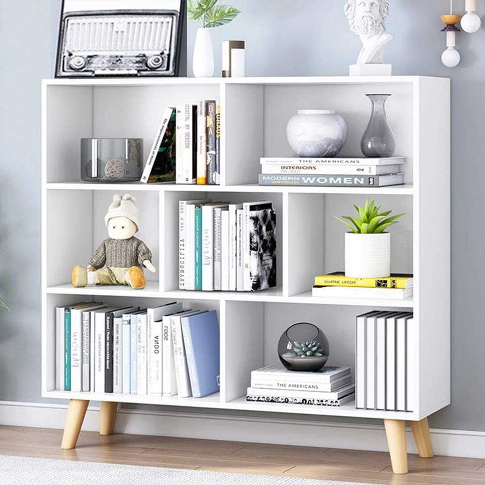 IOTXY Wooden Open Shelf Bookcase - 3-Tier Floorstanding Display Cabinet Rack with Legs, 7 Cubes