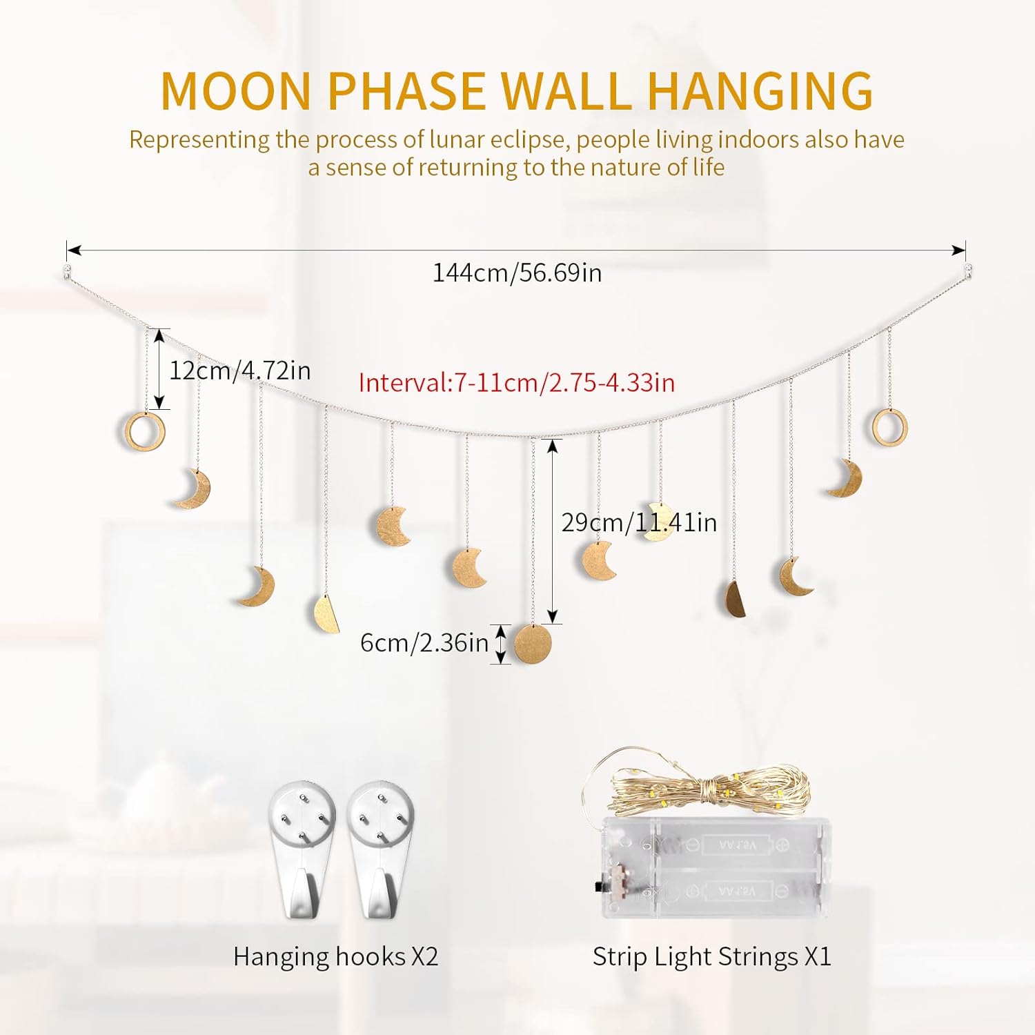 Moon Phase Wall Decor with LED String Light, 13 Gold Wood Boho Wall Hanging Decor Mood Garland 56''