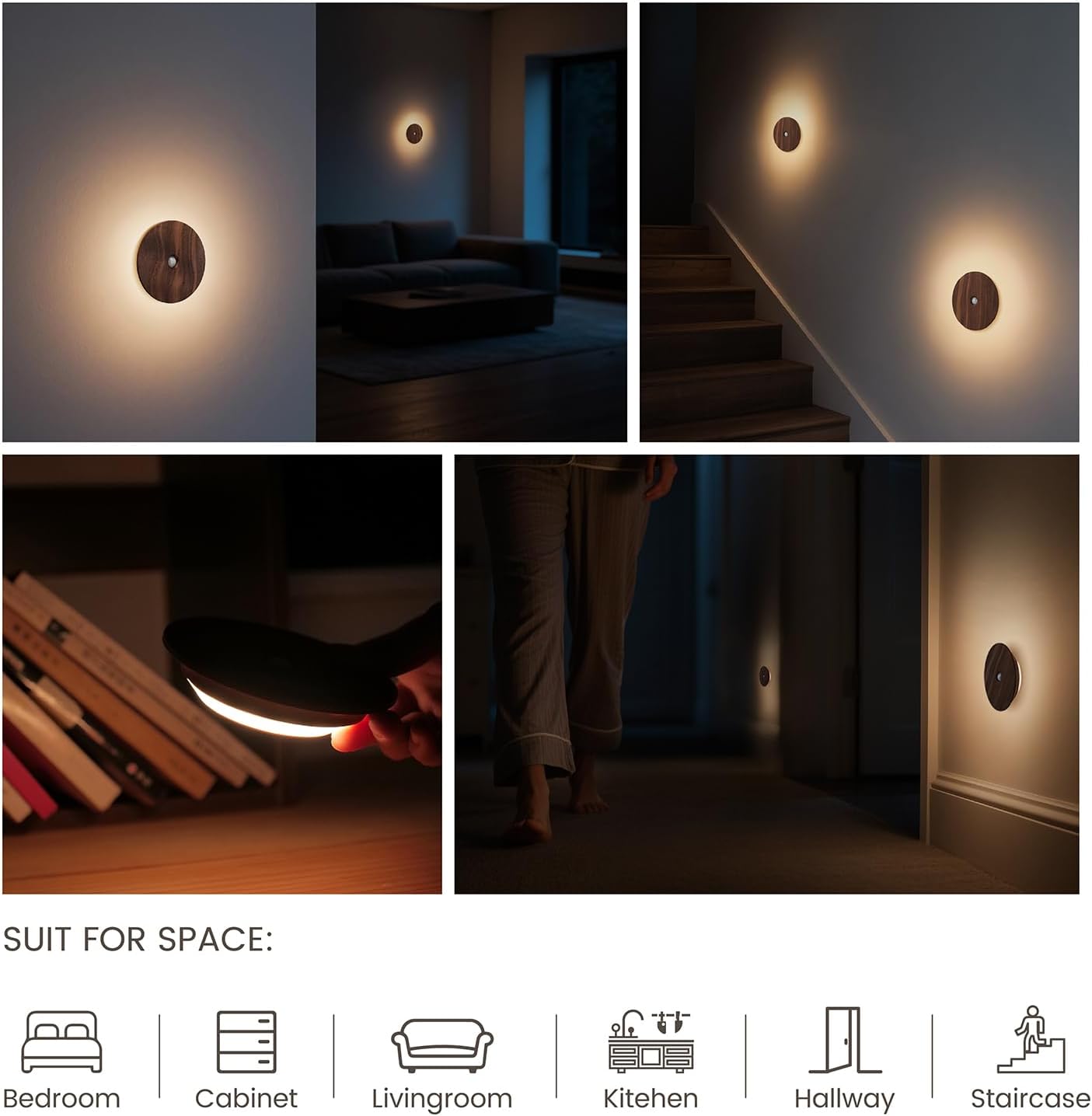 Motion Sensor Night Light Wood Rechargeable Battery-Powered Stick-On Step Lights Loftie Lights
