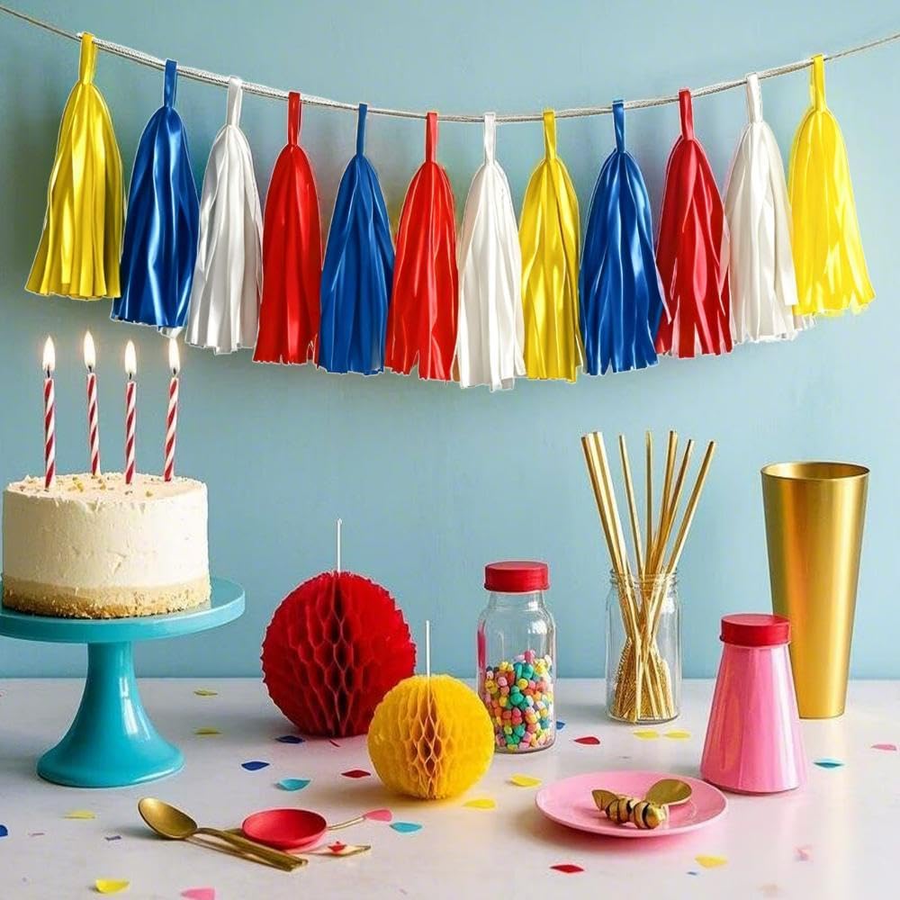 Tissue Paper Tassel Garland Banner, 20 Pack, Red Blue Yellow White, Party Decorations for Birthday