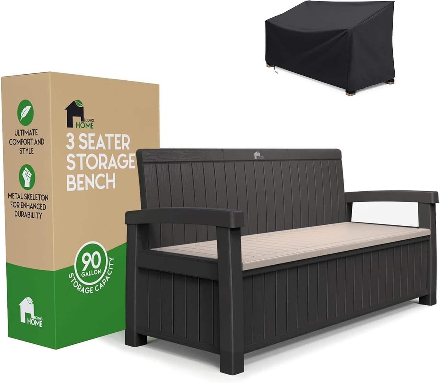 EconoHome 3 Seat Outdoor Storage Bench with Rain Cover - 90 Gallon Capacity - Weatherproof Resin