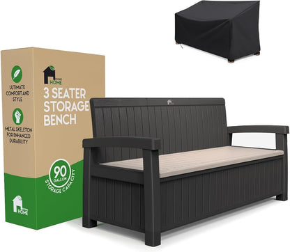 EconoHome 3 Seat Outdoor Storage Bench with Rain Cover - 90 Gallon Capacity - Weatherproof Resin