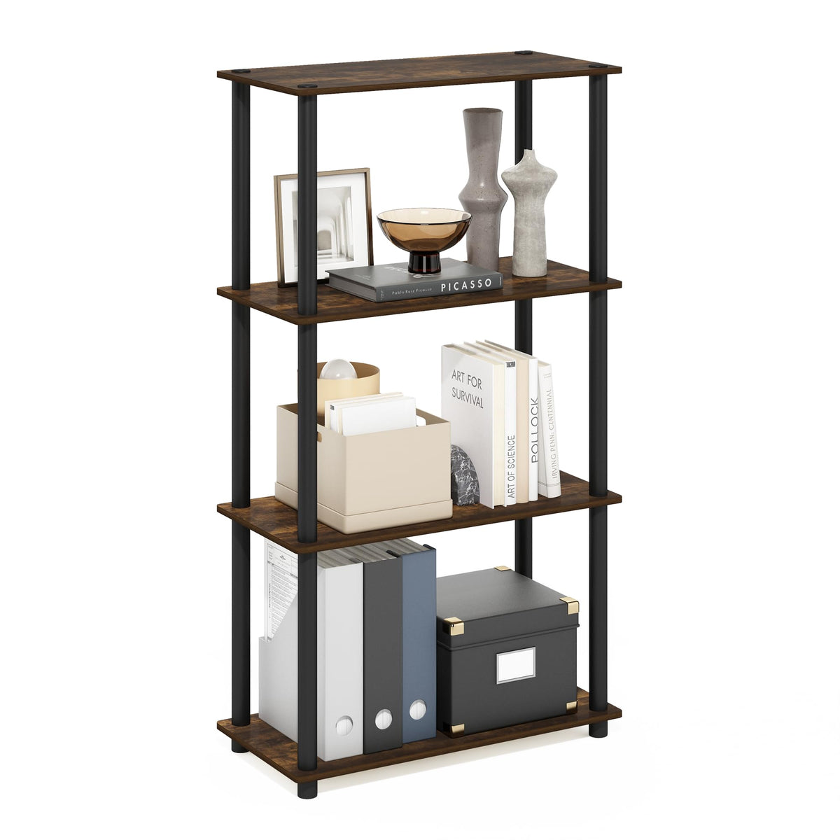 Furinno Turn-N-Tube Storage Shelves, 4-Tier Book Shelf, Corner Shelf, Toolless Open Shelves, for