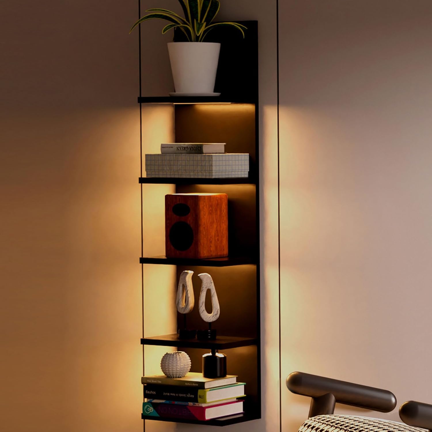 5 Tier Wall Shelf Unit, Black Modern Vertical Lack Wall Shelves with Light, Wall Mount, Floating