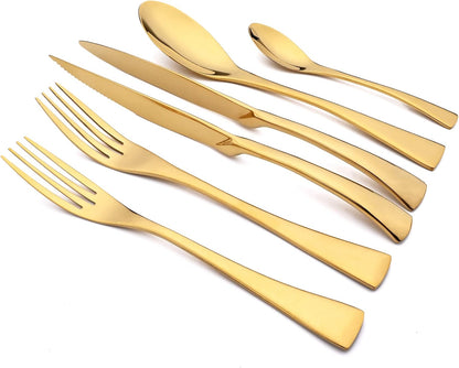24-Piece Gold Flatware, Mirror 18/10 Stainless Steel Modern & Luxury Dinnerware Set With Serrated