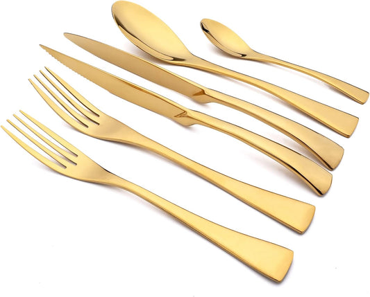 24-Piece Gold Flatware, Mirror 18/10 Stainless Steel Modern & Luxury Dinnerware Set With Serrated