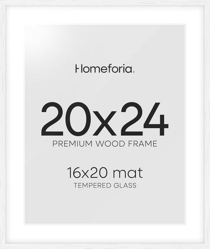 Homeforia 20x24 White Picture Frame, High End Oak 20x24 White Wood Frame with Mat 16x20 Photo, 20 x