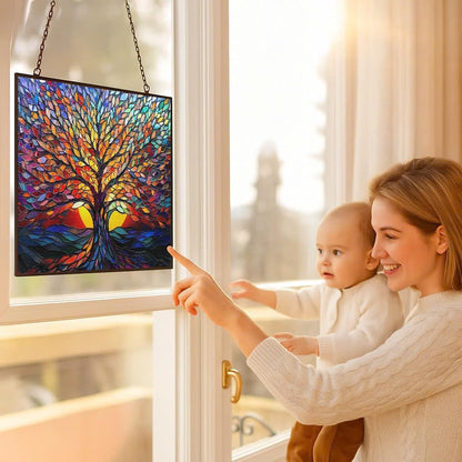 Rectangle Tree of Life Stained Glass Window Hanging, 15" W X 11" H Stained Glass Panel with Chain