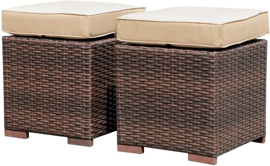 Patiorama 2 Pieces Assembled Outdoor Patio Ottoman, Indoor Outdoor All-Weather Dark Brown Wicker