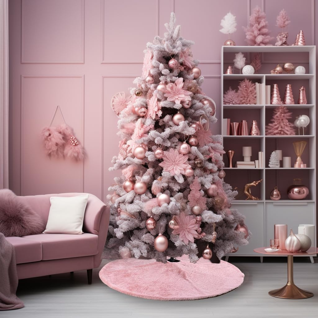 AOGU 48 Inch Faux Fur Christmas Tree Skirt Pink Shiny Plush Skirt for Merry Christmas Party