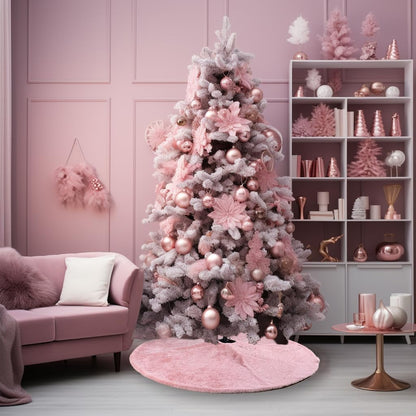 AOGU 48 Inch Faux Fur Christmas Tree Skirt Pink Shiny Plush Skirt for Merry Christmas Party