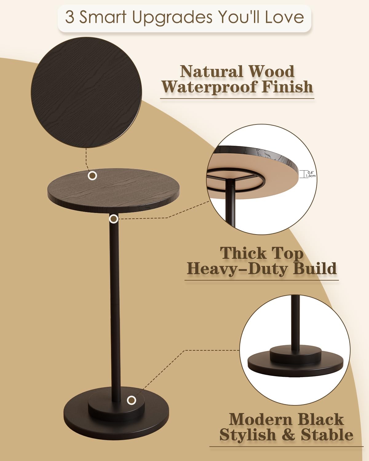 Masupu Drink Table, Round Side Table for Small Spaces, Pedestal Side Table, Small End Table with