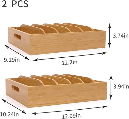 2 Pack Bamboo Lid Holder Food Container, Kitchen Organizer with 5 Adjustable Dividers, Cabinet