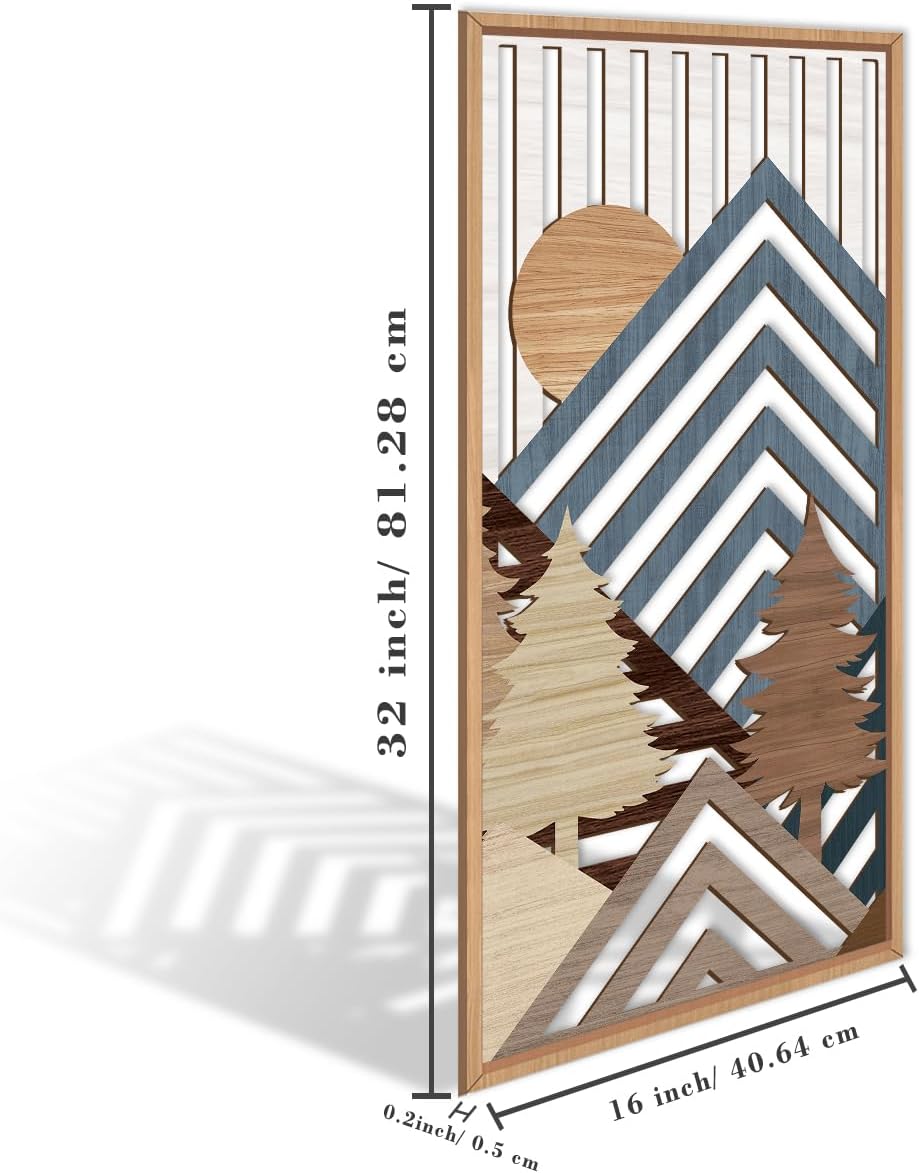 IARTTOP Large Mountain Wood Wall Art 16"x32"x3 Abstract Forest Wall Sculpture Geometric Boho Sunset
