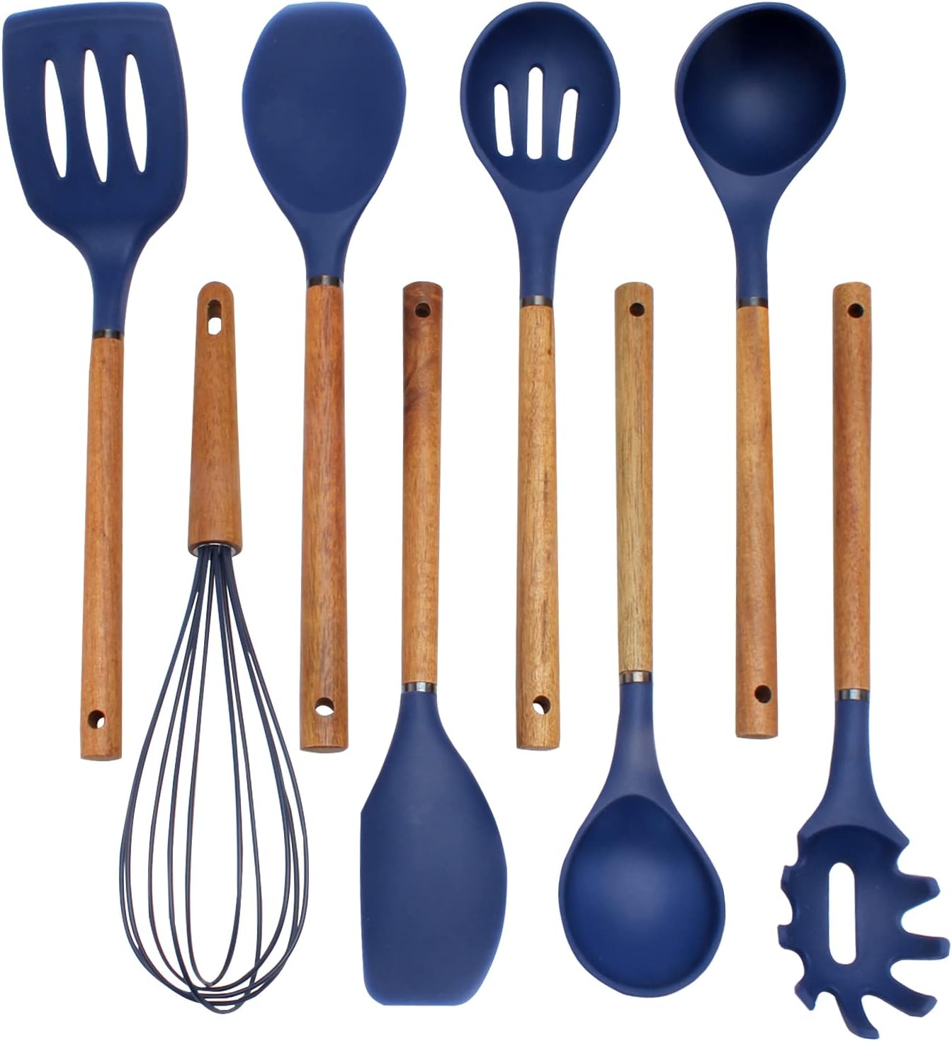 Country Kitchen Non Stick Silicone Utensil Set with Rounded Wood Handles for Cooking and Baking, 8