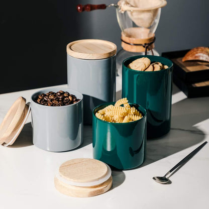 Sweejar Kitchen Canisters Ceramic Food Storage Jar, Stackable Containers with Airtight Seal Wooden