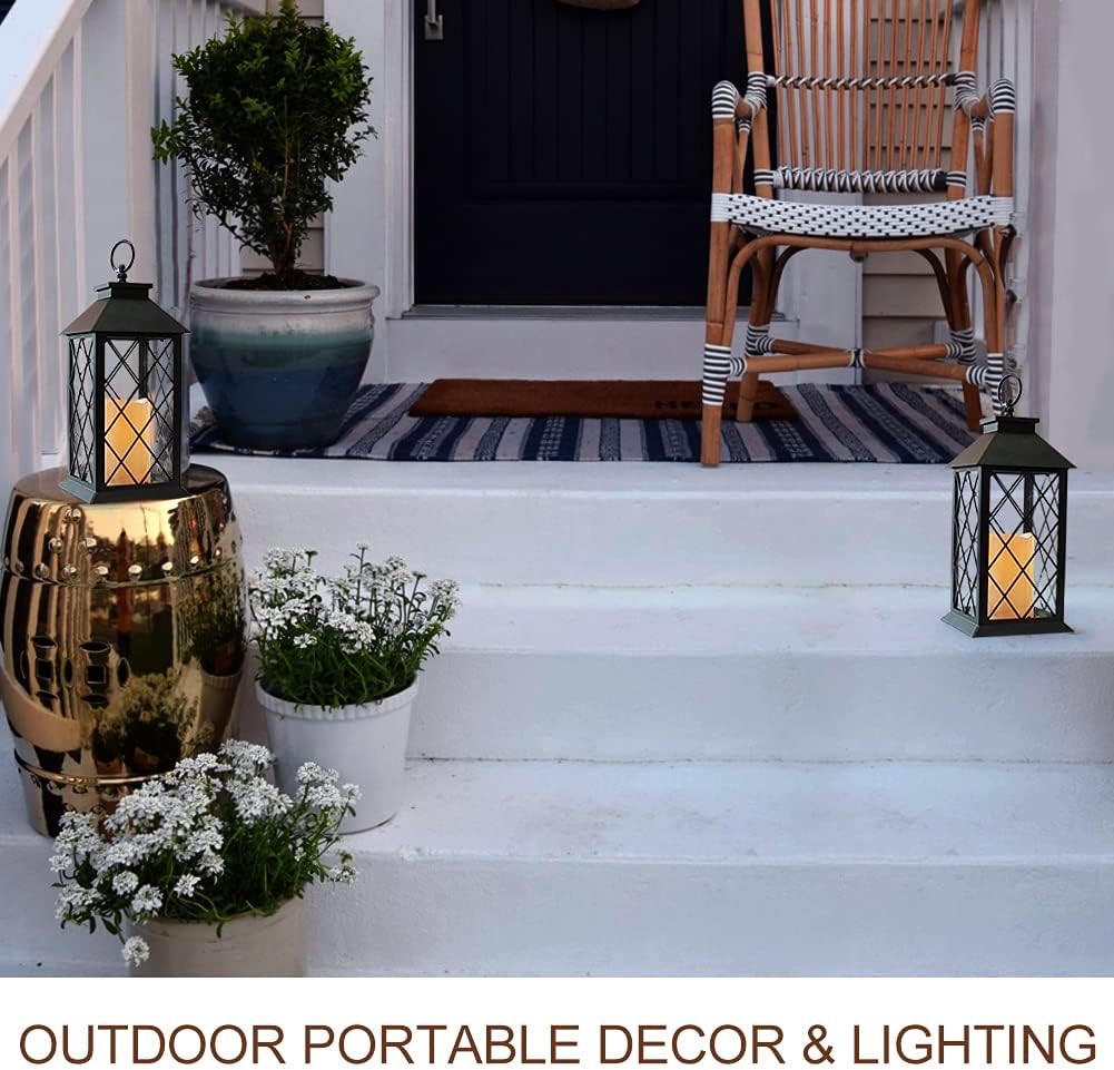 Bright Zeal 2-Pack 13.5" Vintage Candle Lantern with LED Pillar Candle (Black, 6hr Timer) - IP44