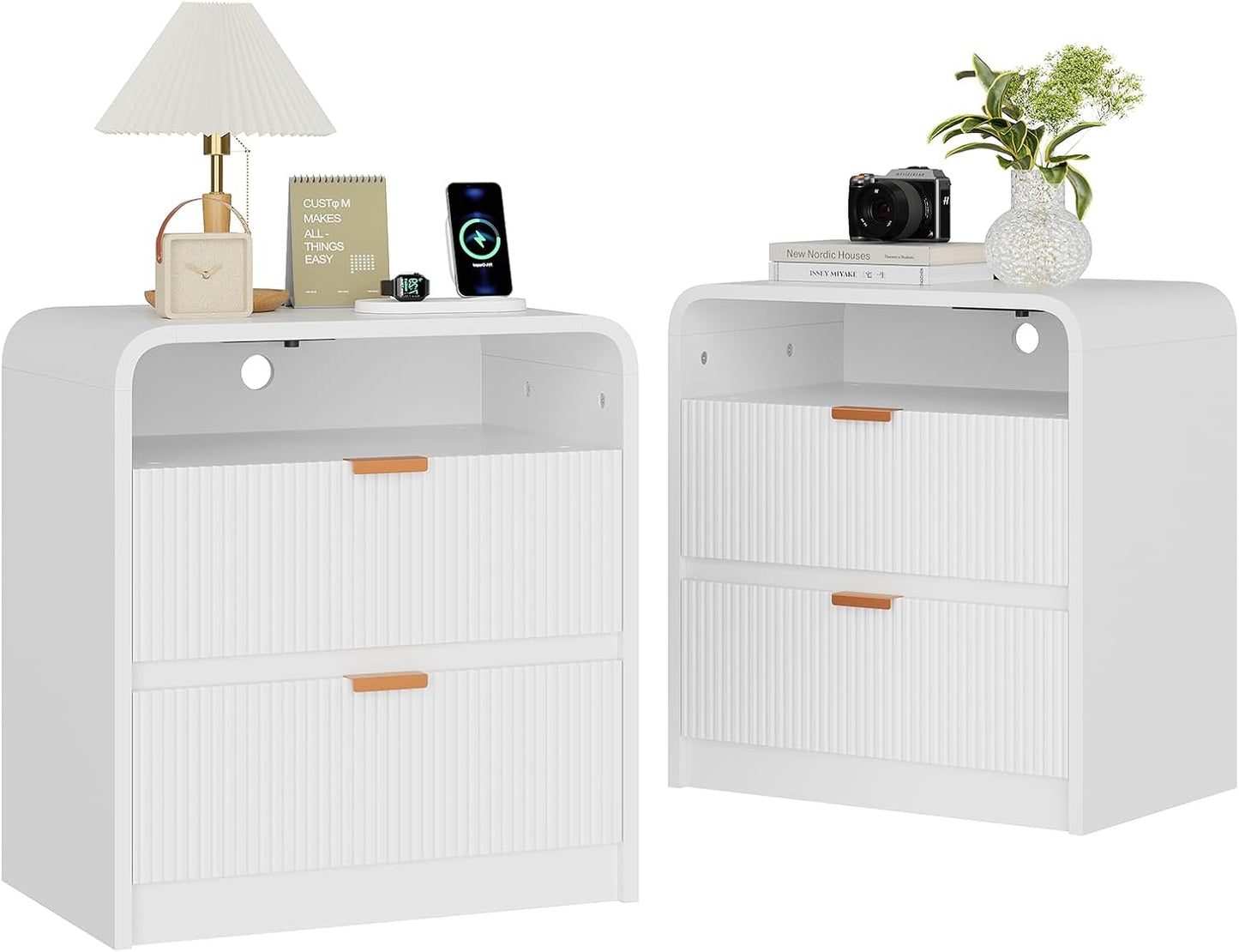 FURSUN 24" Fluted Nightstand Set of 2 with Charging Station, Wooden End Table with 2 Drawers