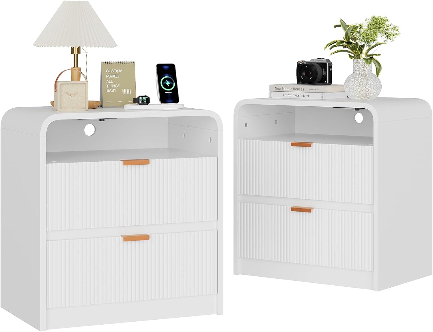 FURSUN 24" Fluted Nightstand Set of 2 with Charging Station, Wooden End Table with 2 Drawers