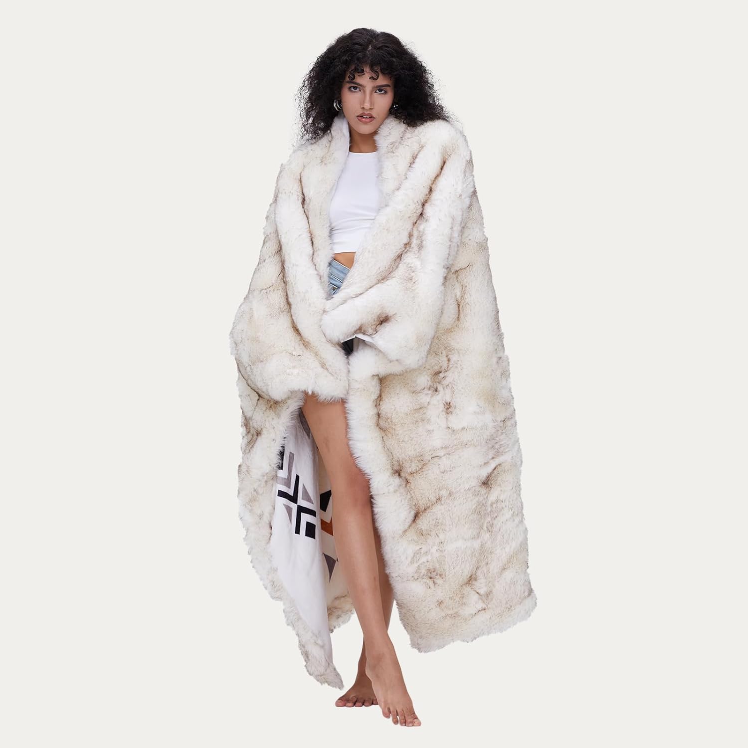 Luxury Plush Faux Fur Throw Blanket with Aztec Pattern, Super Warm, Fuzzy, Elegant, Fluffy