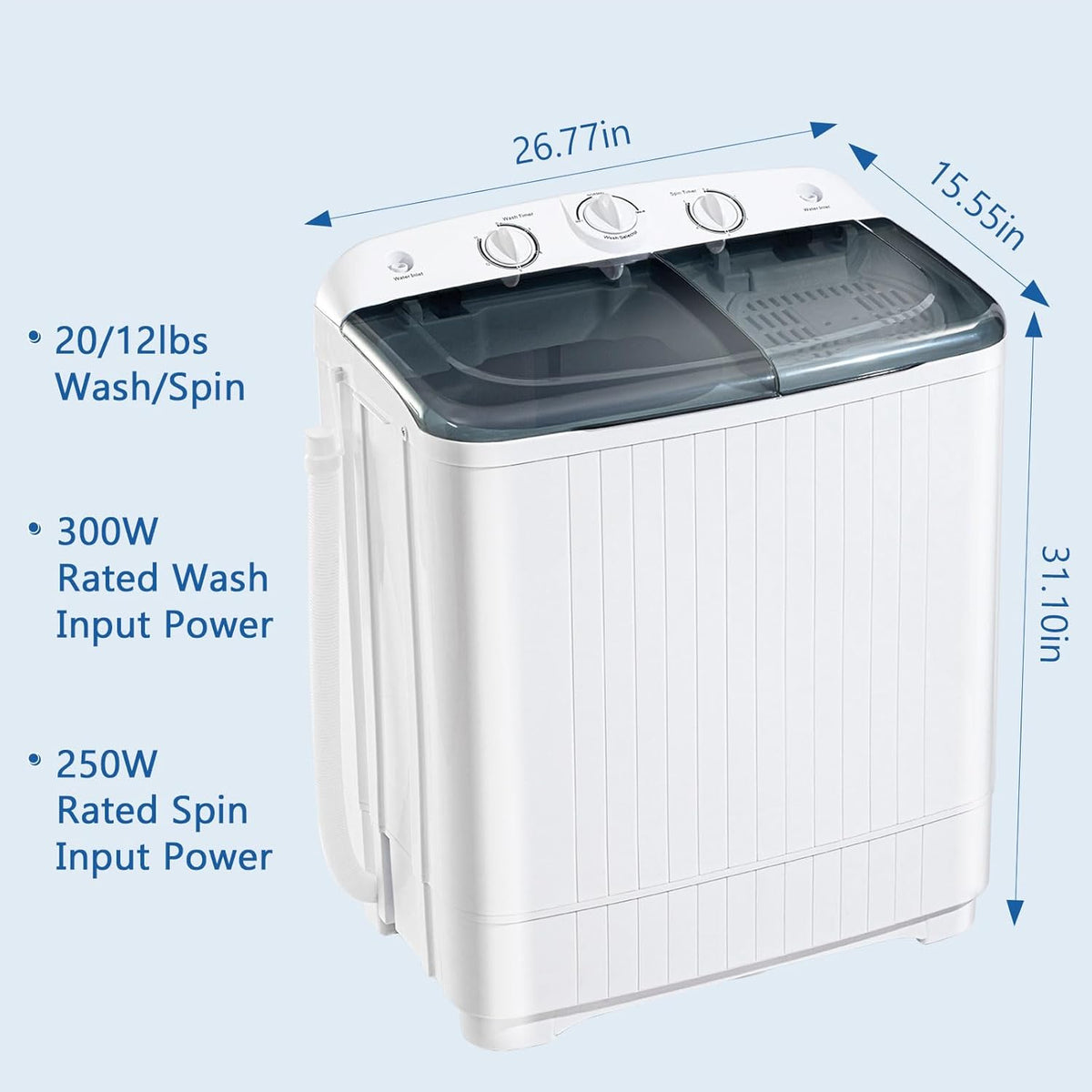 Portable Mini Twin Tub 32lbs Washing Machine With Drying Rack& 10 Hangers, 20lbs Washer & 12lbs