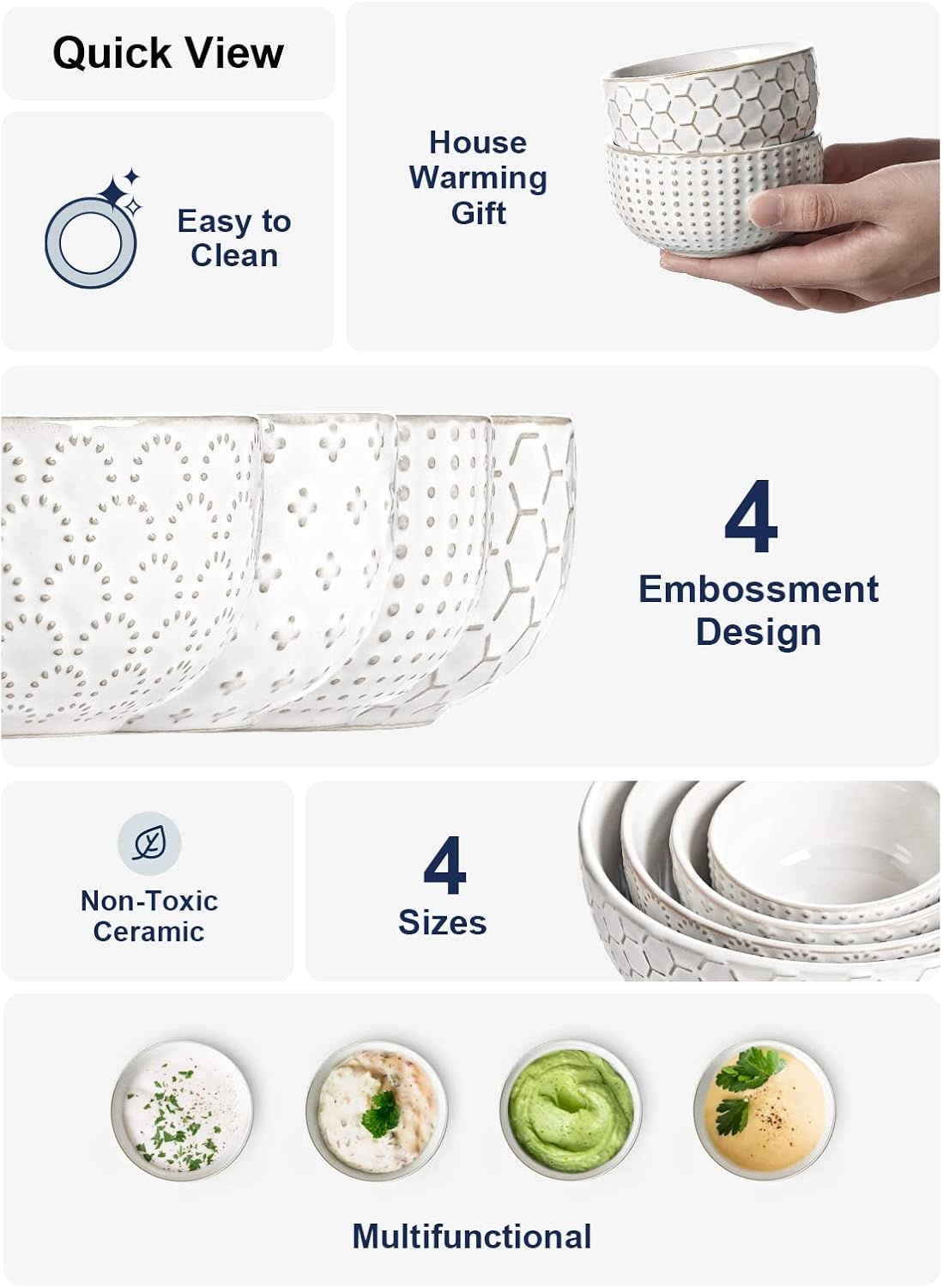 LE TAUCI 3.5 Inch Small Bowls, TINY Embossed Ceramic Dip Bowls, Sauce Dishes, Condiment Cups for
