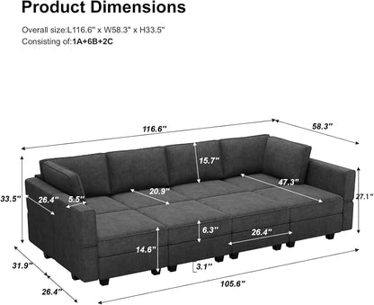 Belffin Modular Sectional Sleeper Sofa Bed Convertible Sectional Couches for Living Room. Dark Gery