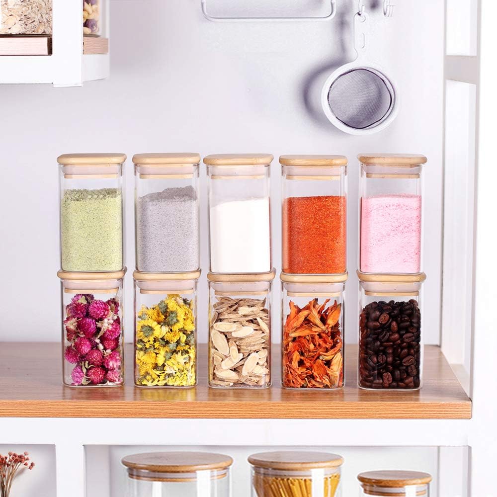 10 Pcs Glass Spice Jars - 8oz Empty Square Spice Storage Containers With Bamboo Airtight Lid and