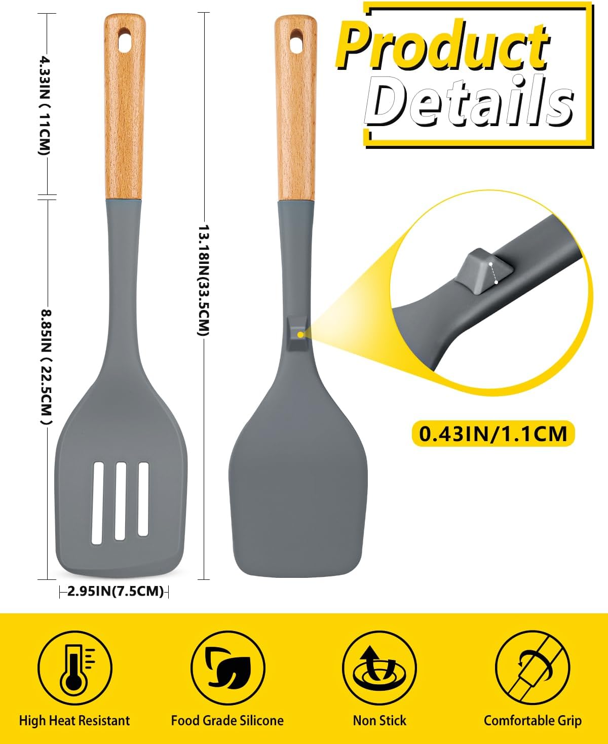 Pack of 2 Large Silicone Spatula, Heat Resistant Solid Turner, Non Stick Slotted Spatulas with