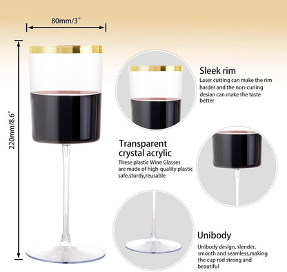 Ciaell 12 Pack Plastic Wine Glasses - 14 Oz Plastic Wine Glasses with Stem - Square Gold Disposable