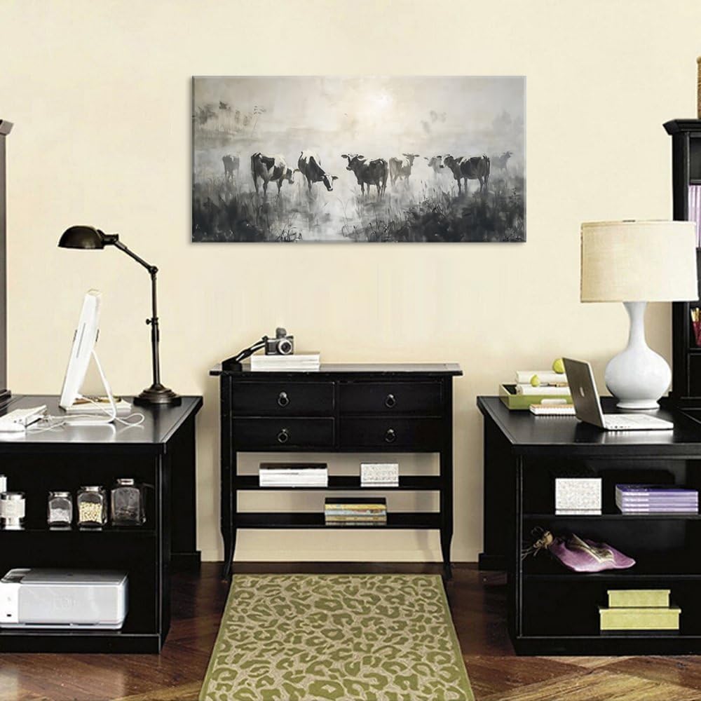 LASMOND Black and White Cow Wall Art for Living Room Ink Wash Canvas Painting Prints Morning Cattle