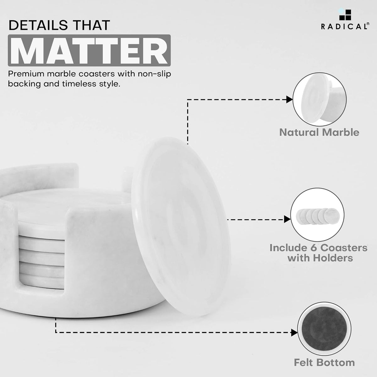 Marble Coasters Set of 6 White 3.5 Inch Round Coaster for Drinks with Holder, Drink Coaster for