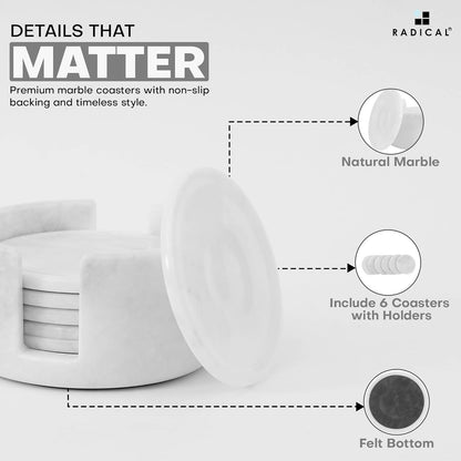 Marble Coasters Set of 6 White 3.5 Inch Round Coaster for Drinks with Holder, Drink Coaster for