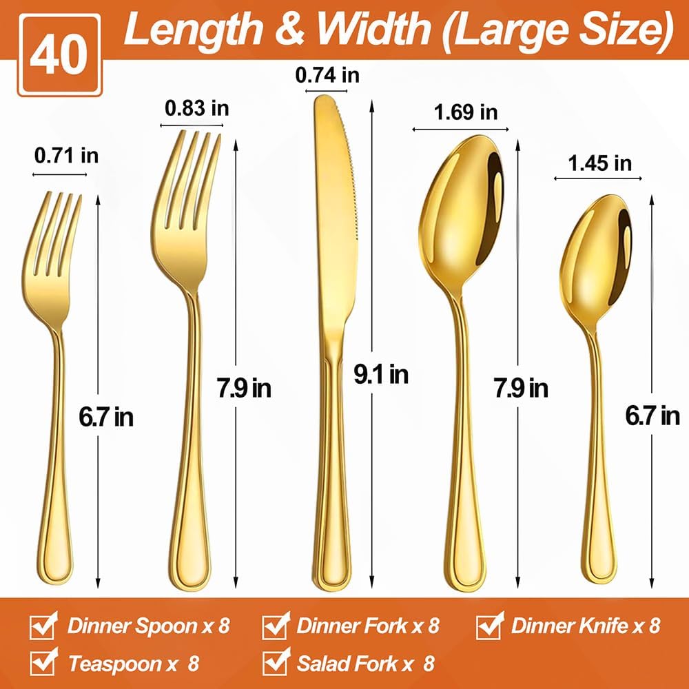 40 Pcs Gold Silverware Set for 8 with Simple Striped Handle Design, Food Grade Stainless Steel