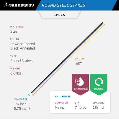 Sandbaggy Round Steel Concrete Form Stakes with Nail Holes - Rust Resistant Coating - Removable