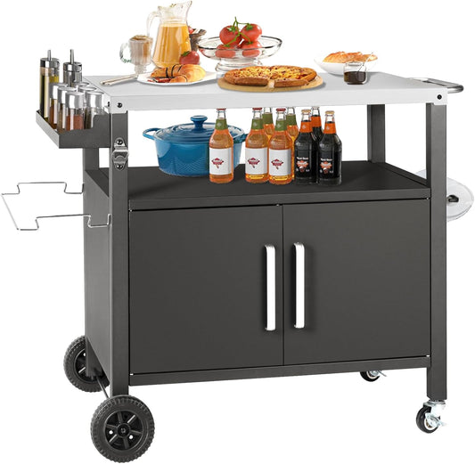Grill Cart Table with Big Storage Cabinet, Movable Outdoor Dining Cart Pizza Oven Stand, Kitchen