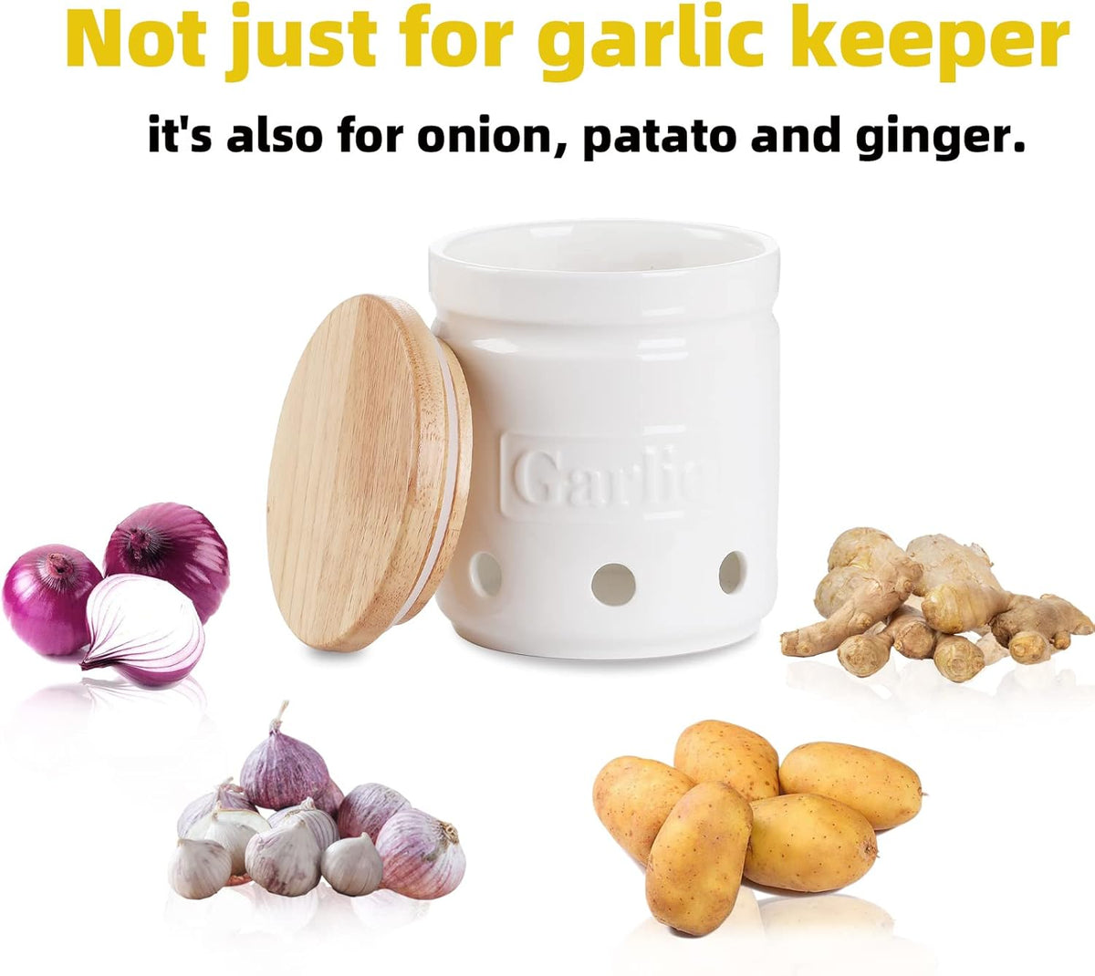 Large Garlic Keeper with Wooden Lid, Ceramic Garlic Holder Storage, Garlic Container for Kitchen